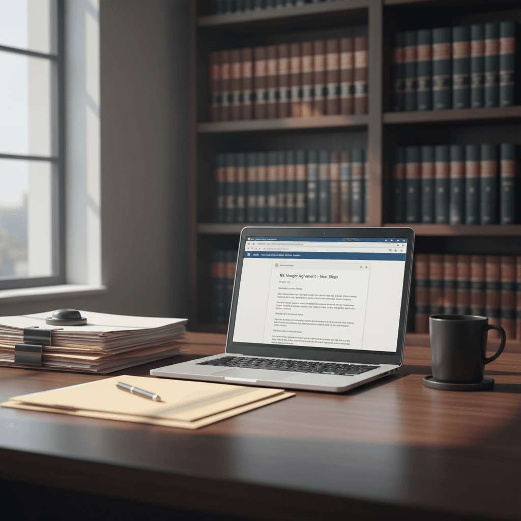 Lawyer's desk with open laptop, documents, and coffee mug