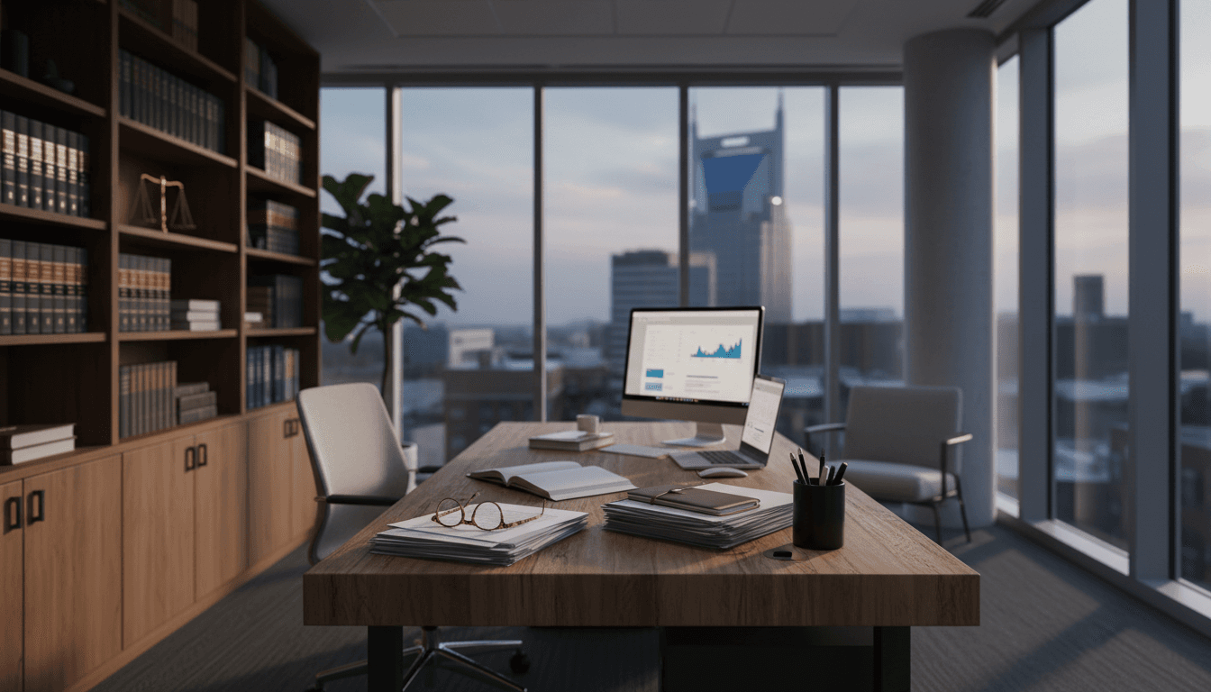Modern law office with legal documents on a wooden desk